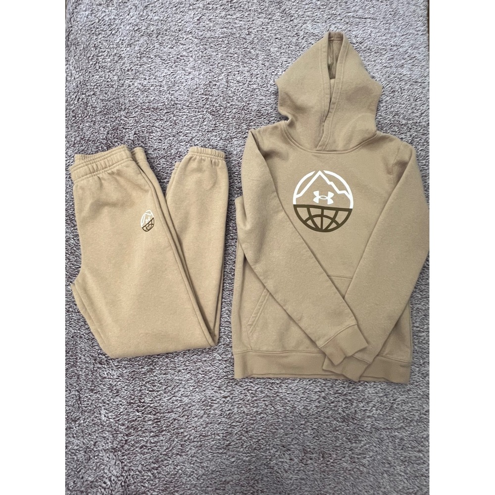 Under Armour Boys YL Stature Logo Khaki Tan Fleece Hoodie Joggers Set 14-16